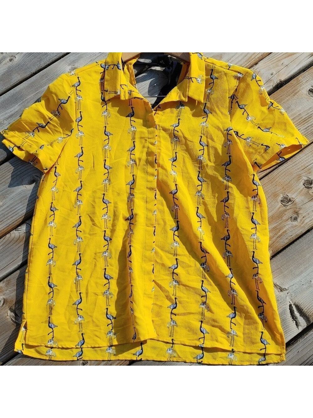 PRETTY Zara Basic Emu and Flamingo Printed Blouse Tie Neck Back Medium